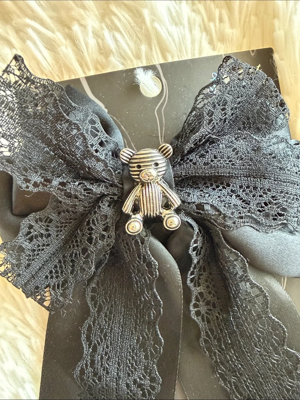 NWT Black Ribbon and Lace Bow Hair Clip with Silver Teddy Accent
